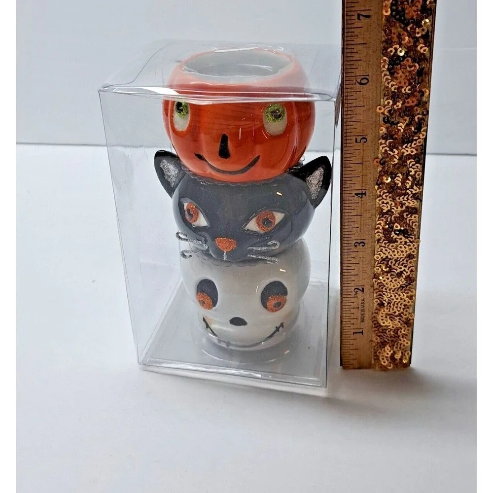 Halloween Ceramic Stackable Tea Light Candle Holders Pumpkin Black Cat Skull 3pc